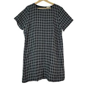 Eileen Fisher Shift Dress Black Size L Plaid Linen Lagenlook Boxy Short Sleeve